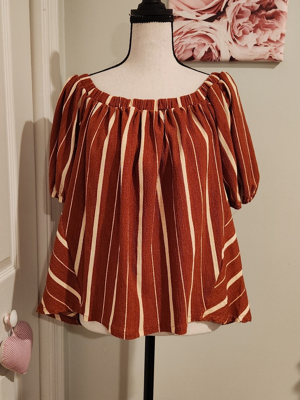 Anthropologie Rust and Cream Striped Off-Shoulder Blouse